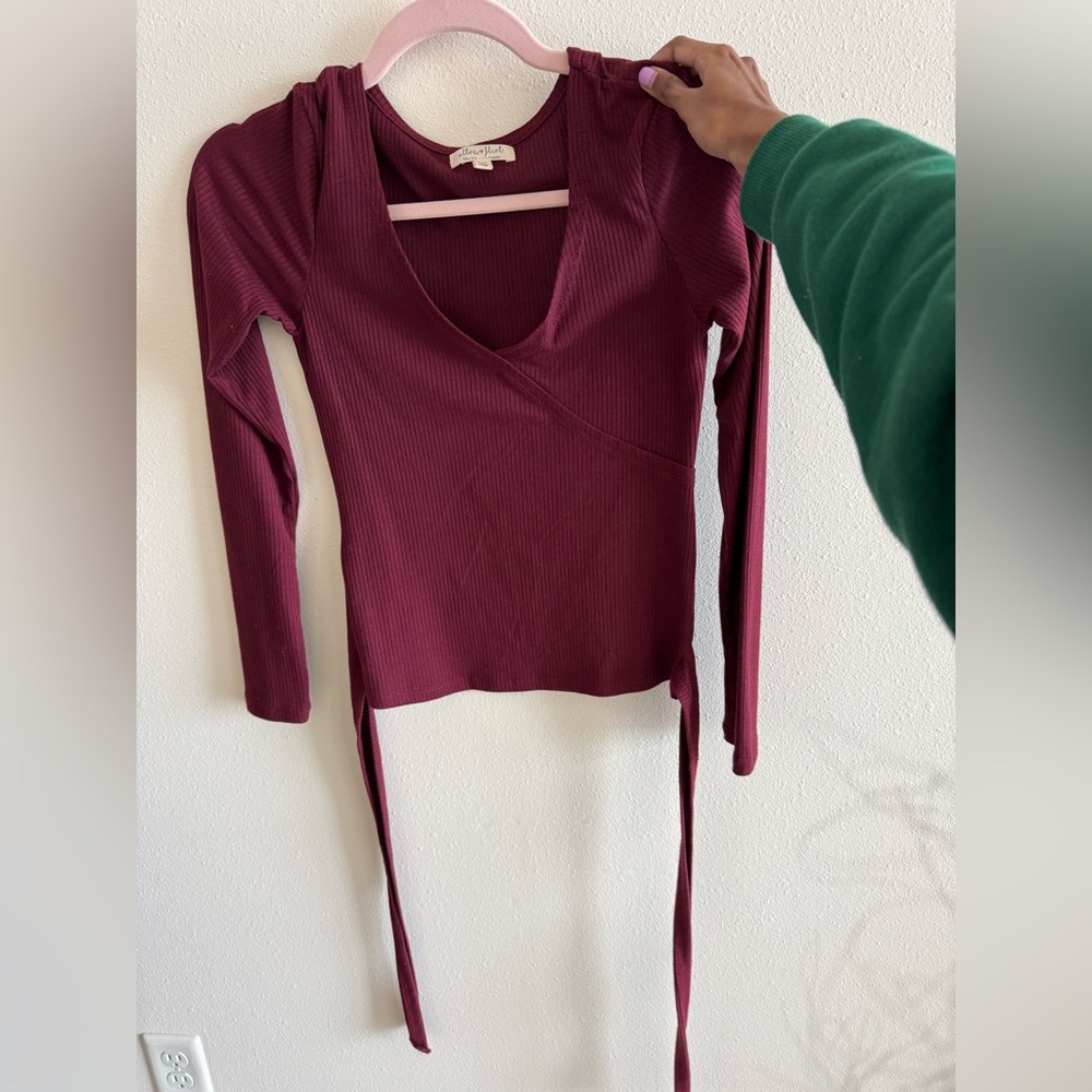 Ultra Flirt Deep Red Ribbed Wrap Blouse
